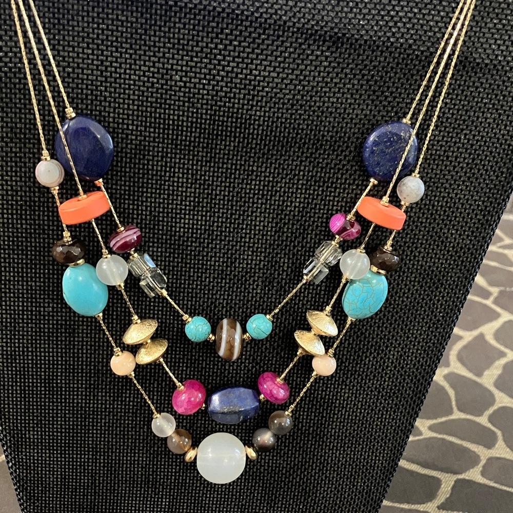 Chico's Vibrant Beaded Necklace with Blue, Pink, and Gold Accents